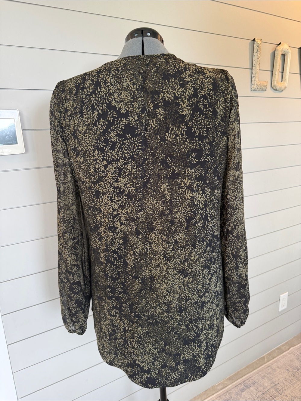 White House Black Market Black and Olive Floral Lace-Trim Blouse - Picture 2 of 5